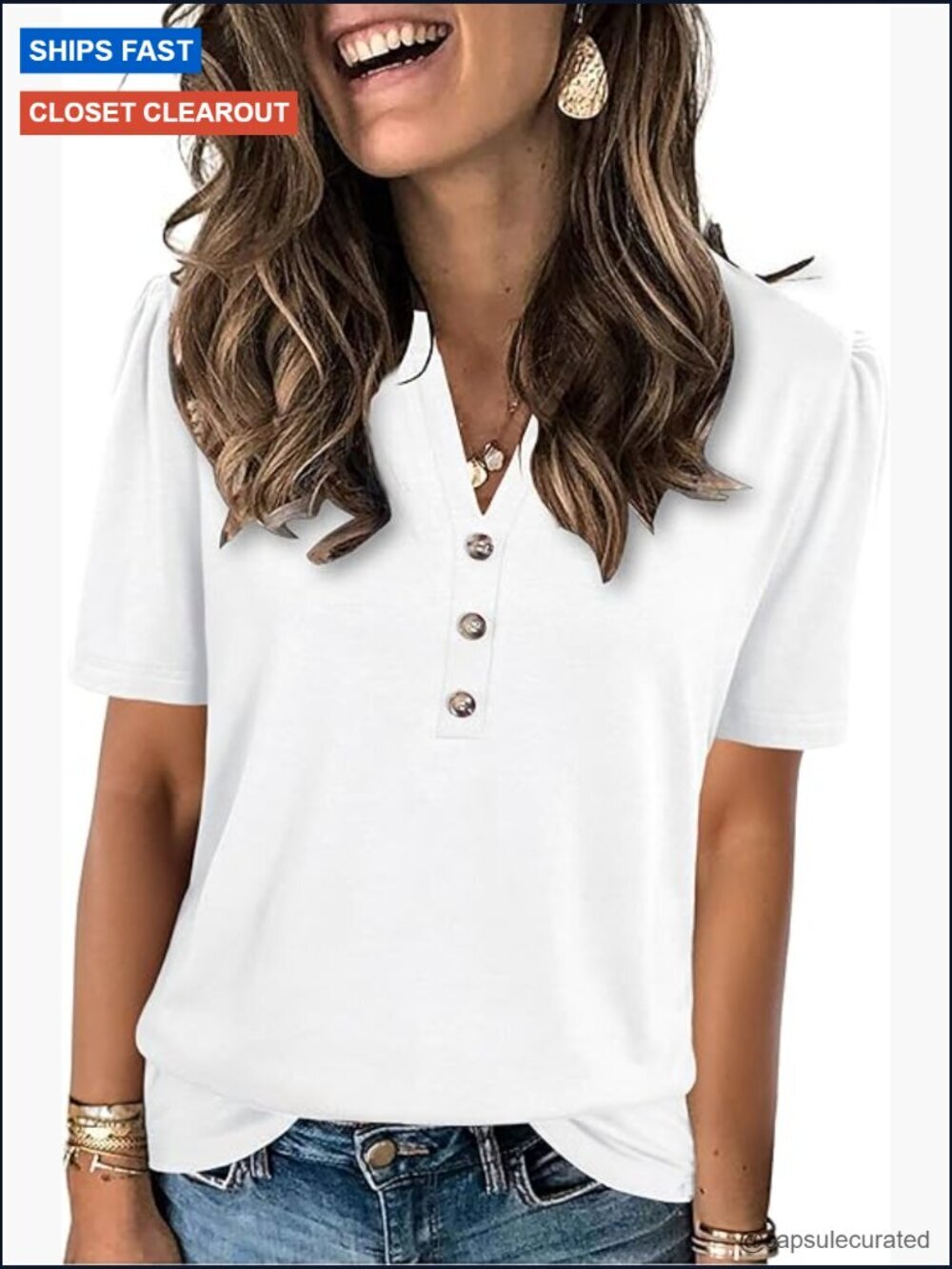 V-Neck Short Sleeve Blouse with Button Detail Loose Fit Tunic